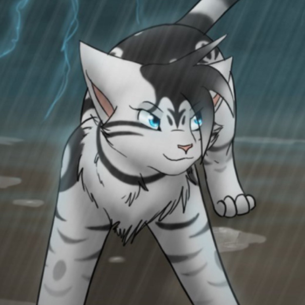 White she-cat with black stripes, blue eyes, mother: Sweetshine, dad: Scourge, clan: none, mate: none, friendly and kind...