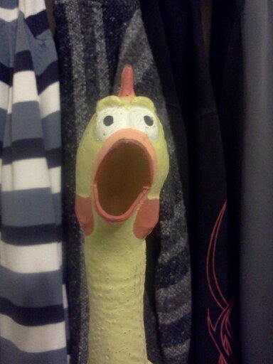 I'm a rubber chicken. I like to travel. Like a chicken version of that traveling gnome. Last name is pronounced like chicken. The T. is for Tyson.