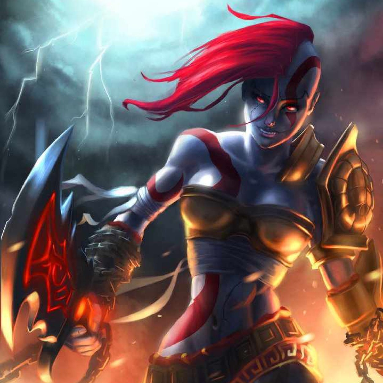 (Rp. And I did indeed genderbender Kratos. So what?) I am Kratos, daughter of Zeus, destroyer of the gods!