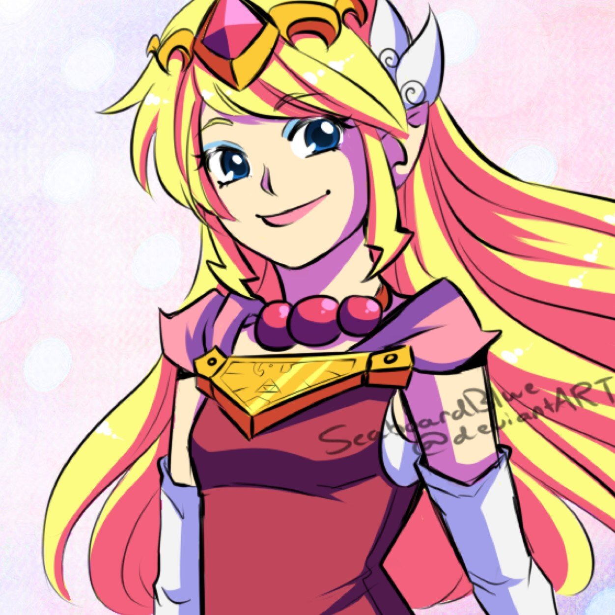 Hello there, I'm Princess Zelda! Don't tell anyone this, but, I love sneaking out of the castle to have fun with my friends, and sometimes I even go into town!