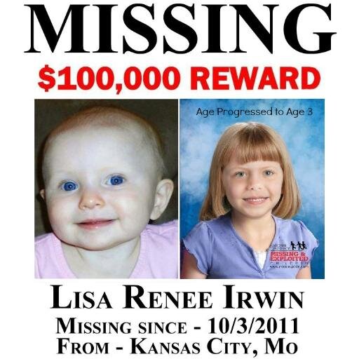 Lisa Renee Irwin has been missing from her Kansas City, Missouri home since Oct. 3, 2011. She was 10 months old. Lisa has strawberry blonde hair and blue eyes.