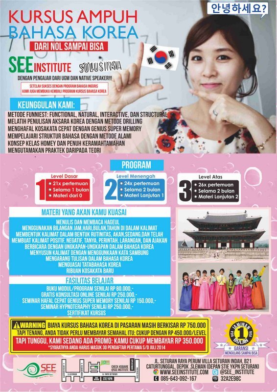 Lembaga Kursus Bahasa Korea|Berdiri 2010|Program Kursus dari 0 sampai Mahir|Pengajar dari S-1 UGM & Native|Seturan Sleman DIY|08562855905|http://t.co/B6VsAvPtdJ