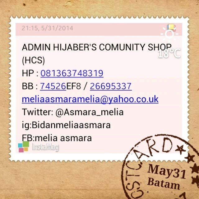 ADMIN HIJABER'S COMUNITY SHOP (HCS) 081363748319 /74526EF8 /26695337 meliaasmaramelia@yahoo.co.uk /@Asmara_melia/ ig:Bidanmeliaasmara/FB:Melia asmara