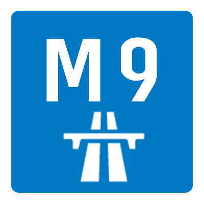 Running from the outskirts of Edinburgh the M9 is roughly 30 miles in length ending at Dunblane where it meets the A9. Runs past Linlithgow, Falkirk & Stirling.