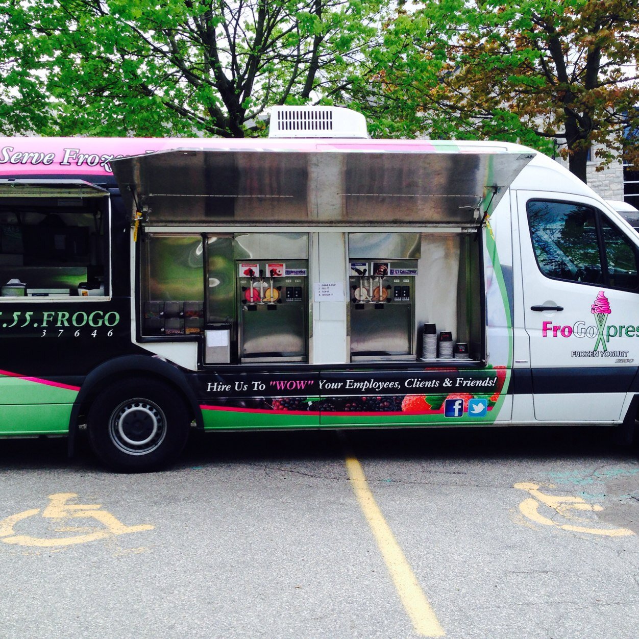 A Self-Serve Frozen Yogurt truck with toppings. Our yogurt is peanut and gluten free. A dairy free sorbet is usually available. Available for private events!