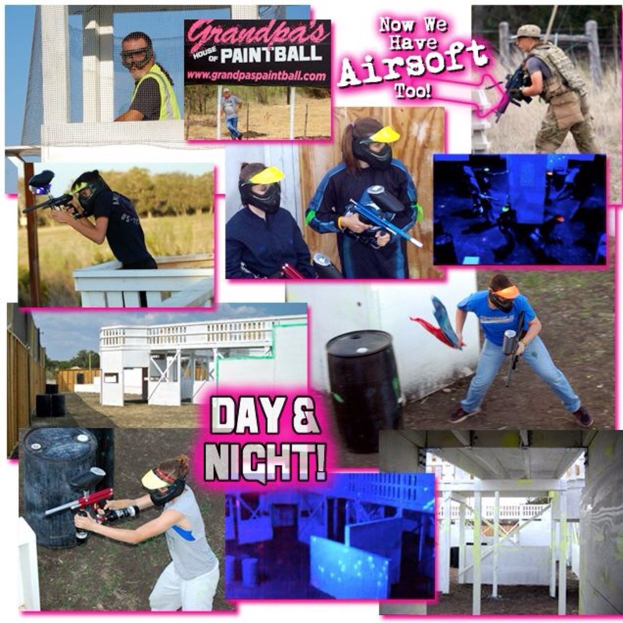 Fri 6-12 Sat 12-12 sun 1-7 paintball as well airsoft . Home of Grandpas Gorillas and Grandmas HitSquad.