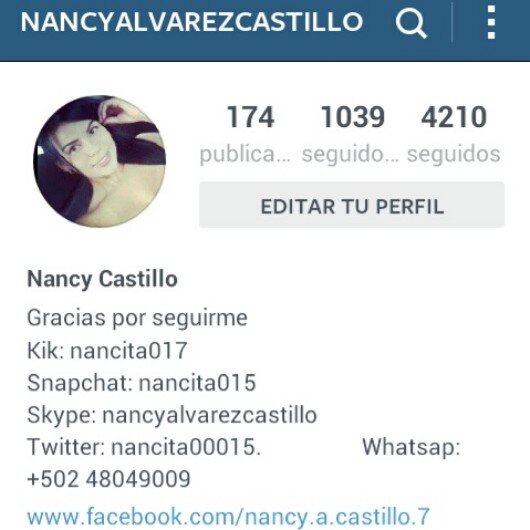 Me gusta Bailar, Pasear, Ligar y Vivir la vida al maximo q solo una hay :-) Instagram: nancyalvarezcastillo Kik: nancita00017