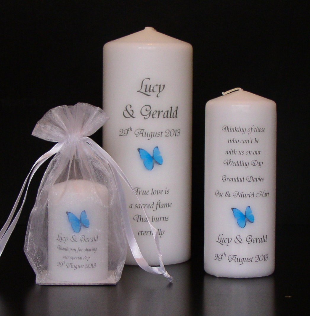 Handmade personalised Wedding candles decorated in Shropshire. Luxury wedding gifts & cards.