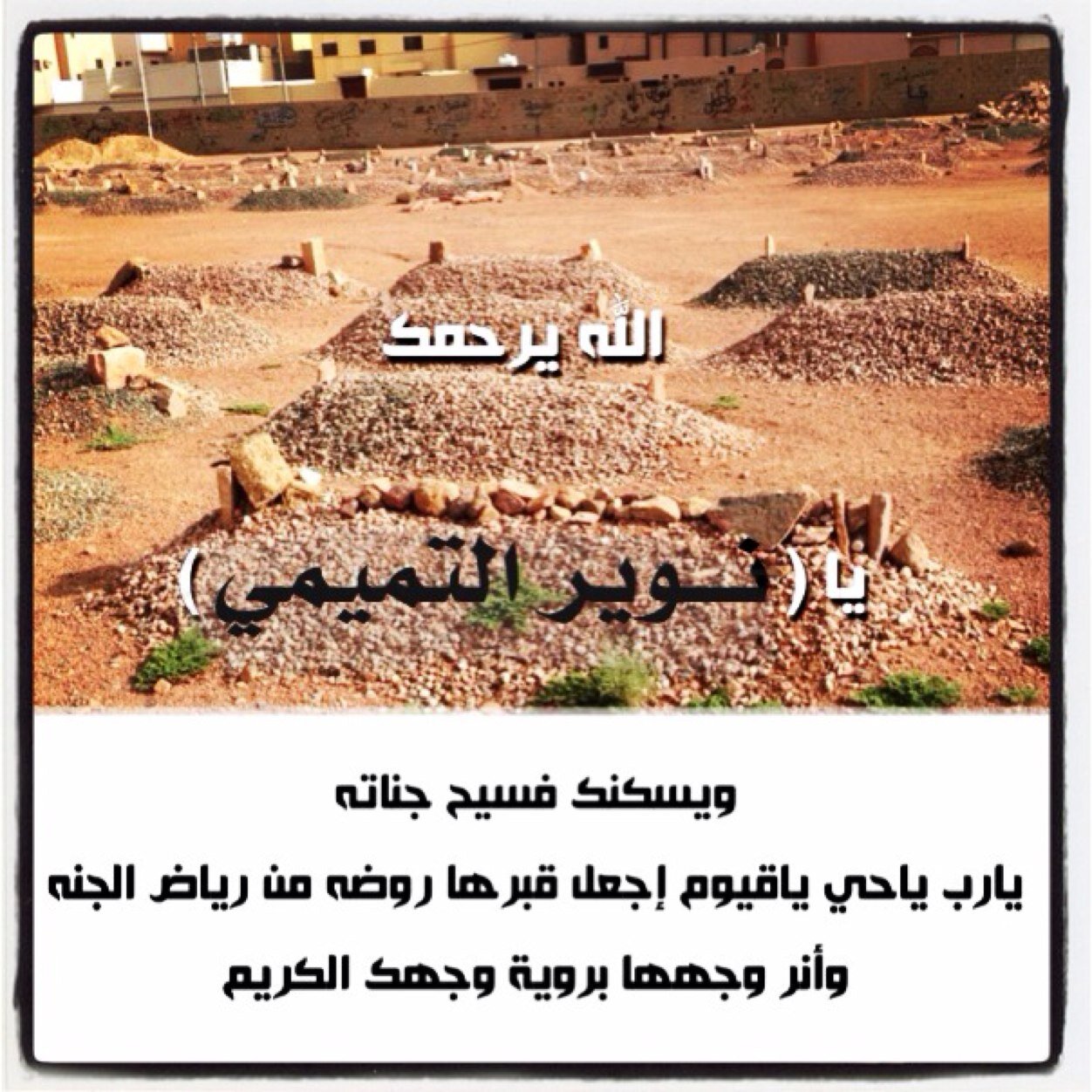 - ذات يوم غفيت على أمل شفاءك واستيقظت على فاجعه موتك الحمد لله على كل حال .. ورحمك الله يَ من أوجعني رحيلك الله يرحمك يا ( نوير التميمي  ) ويسكنك فسيح جناته
