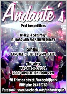Andante's Pub and Night Club is situated in Vanderbijlpark in the Vaal Triangle, South Africa.  We are open 7 days a week. Playing big variety of music.