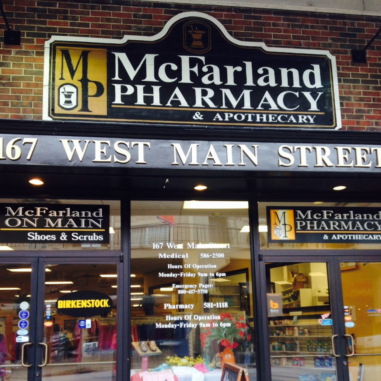 McFarland Pharmacy is located at 167 W. Main Street Morristown TN. Our contact number is (423) 581-1118 ext. 2. We sell a huge selection of scrubs and shoes!