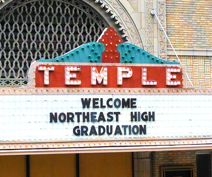 The Meridian Temple Theatre erected 1923-27 by the Hamasa Shriners in Moorish Revival style, this theater was among the finest palaces of its day.