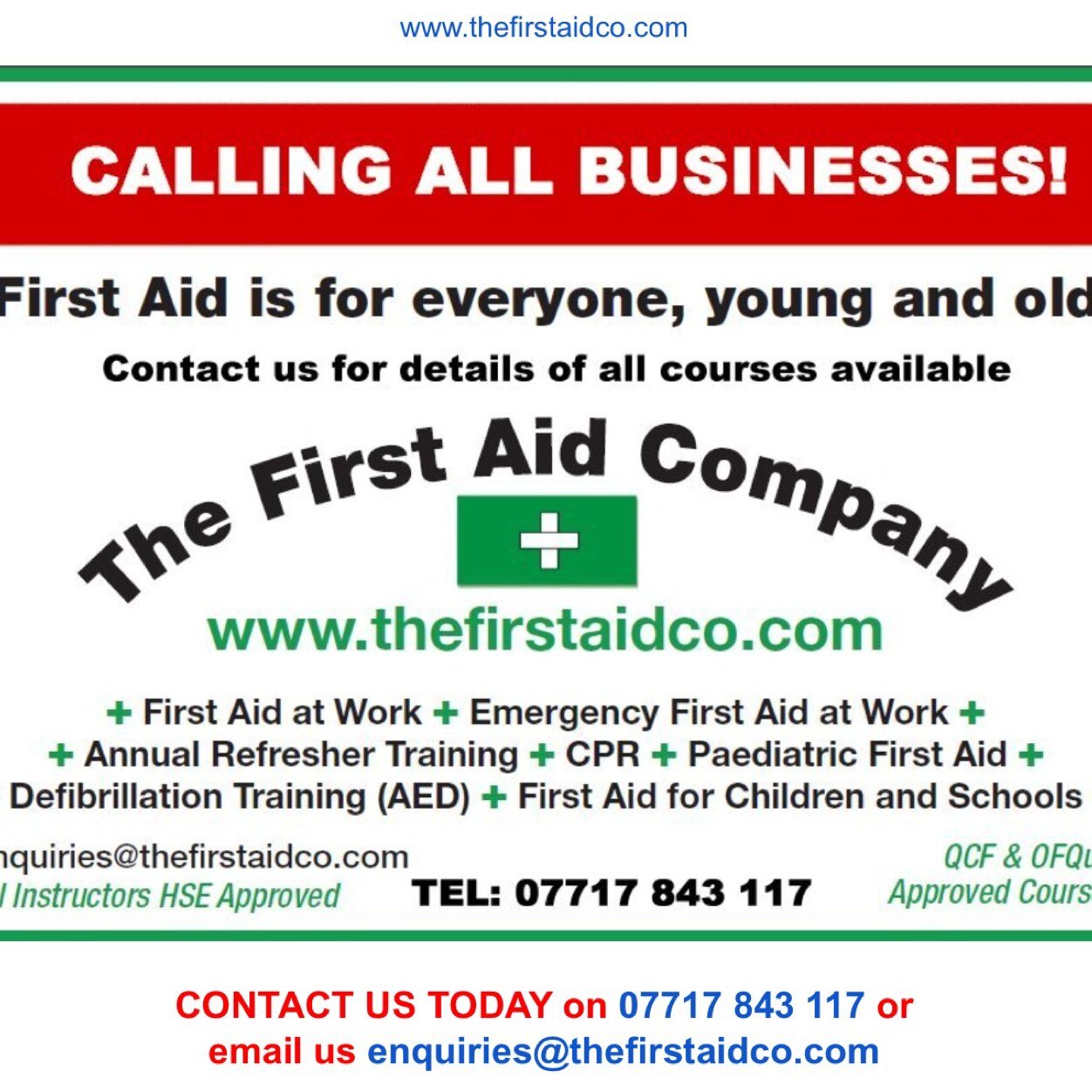 First Aid Training provider for businesses and individuals
All Trainers hold an enhanced C.R.B. check.
All First Aid courses are fully accredited.