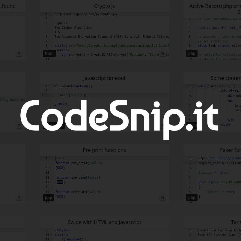 CodeSnip.it keeps all your moments of genius safe for whenever you need them. You'll never forget how you coded anything again. Let CodeSnip.it be your memory.
