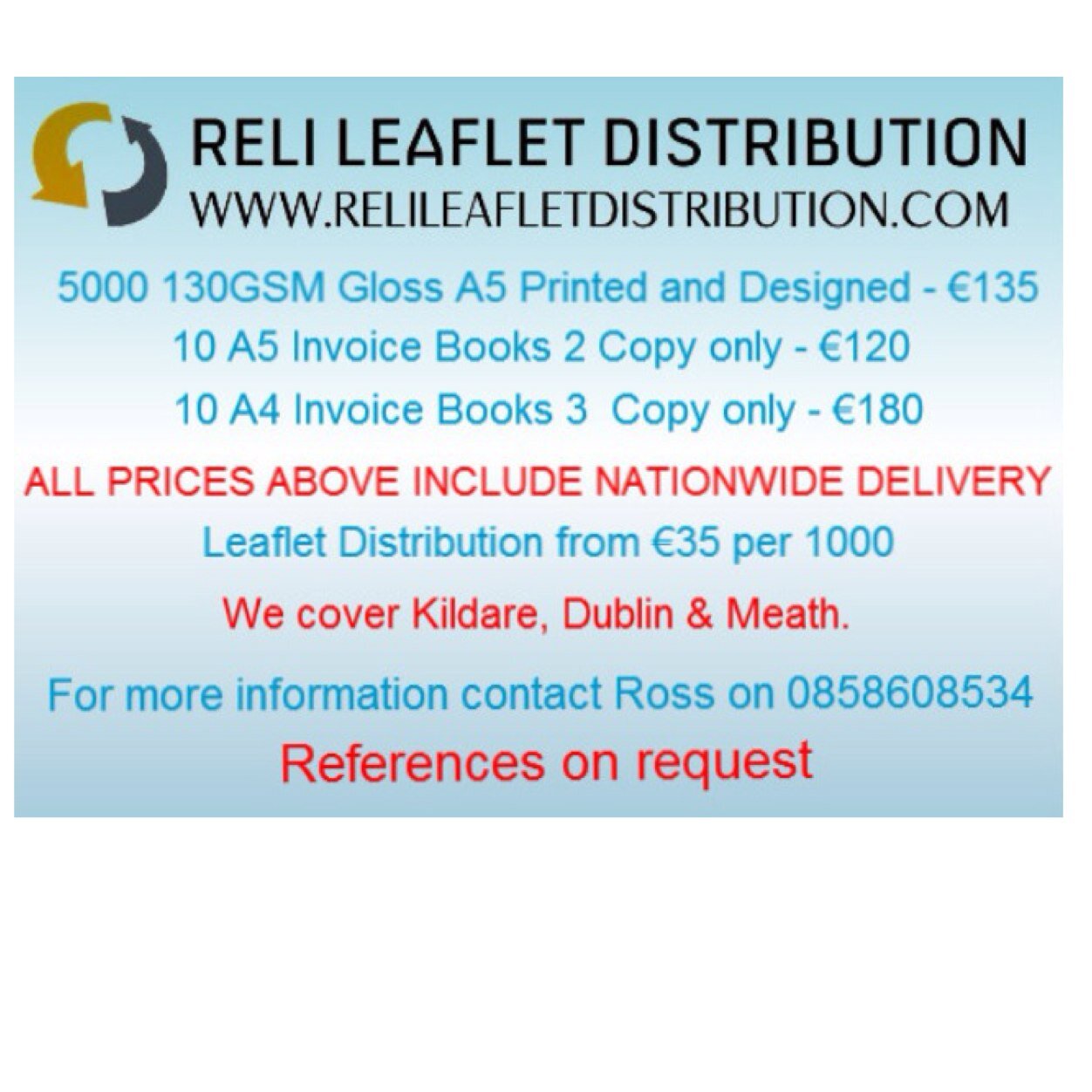 Leaflet_Distrib's profile picture. For reliability, flexibility & cost effectiveness whilst planning and doing a leaflet drop look no further than Reli Leaflet Distribution! Contact - 0858608534