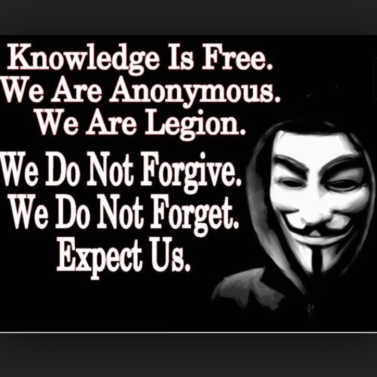 We are legion, We can forgive, but we never forget, Expect us.