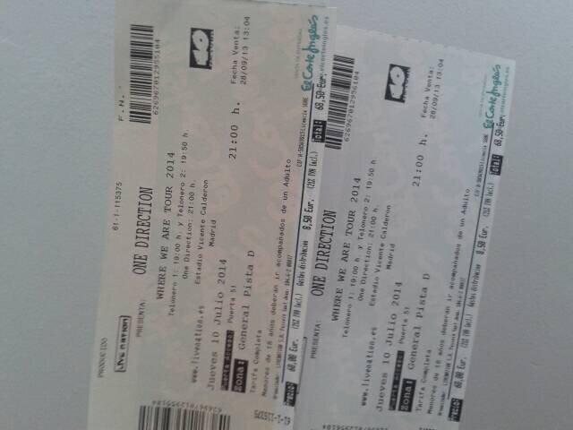 En venta 2 entradas para ver a 1D Madrid, 10 de julio (pista D) POR 40€ Y COSTARON 70€. Más información MD. 100% seguro, compradas en El Corte Inglés.