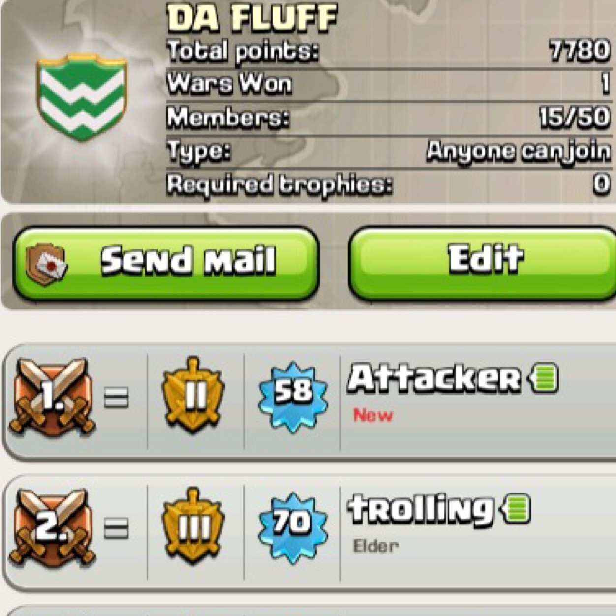 WE R THE DA FLUFF CLANALL WE WANT IS FOR PEOPLE WHO LOVE CLASH OF CLANS TO JOINIF YOU SAID YOU JOINED BECAUSE OF THE TWITTER ACCOUNT YOU GET ELDER