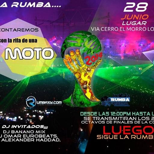 Este 28 de junio Disfruta de los octavos de finales en pantalla gigante y luego sigue la  Rumba.... participa por una moto 0km 2014.Entrada 200 Bs.F..#Lecheria