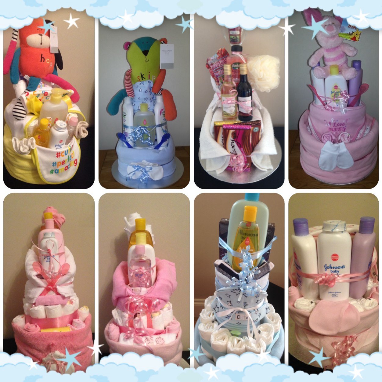 Beautiful bespoke individual nappy cakes, baby hampers and gifts. Located in Bromsgrove, Worcestershire.