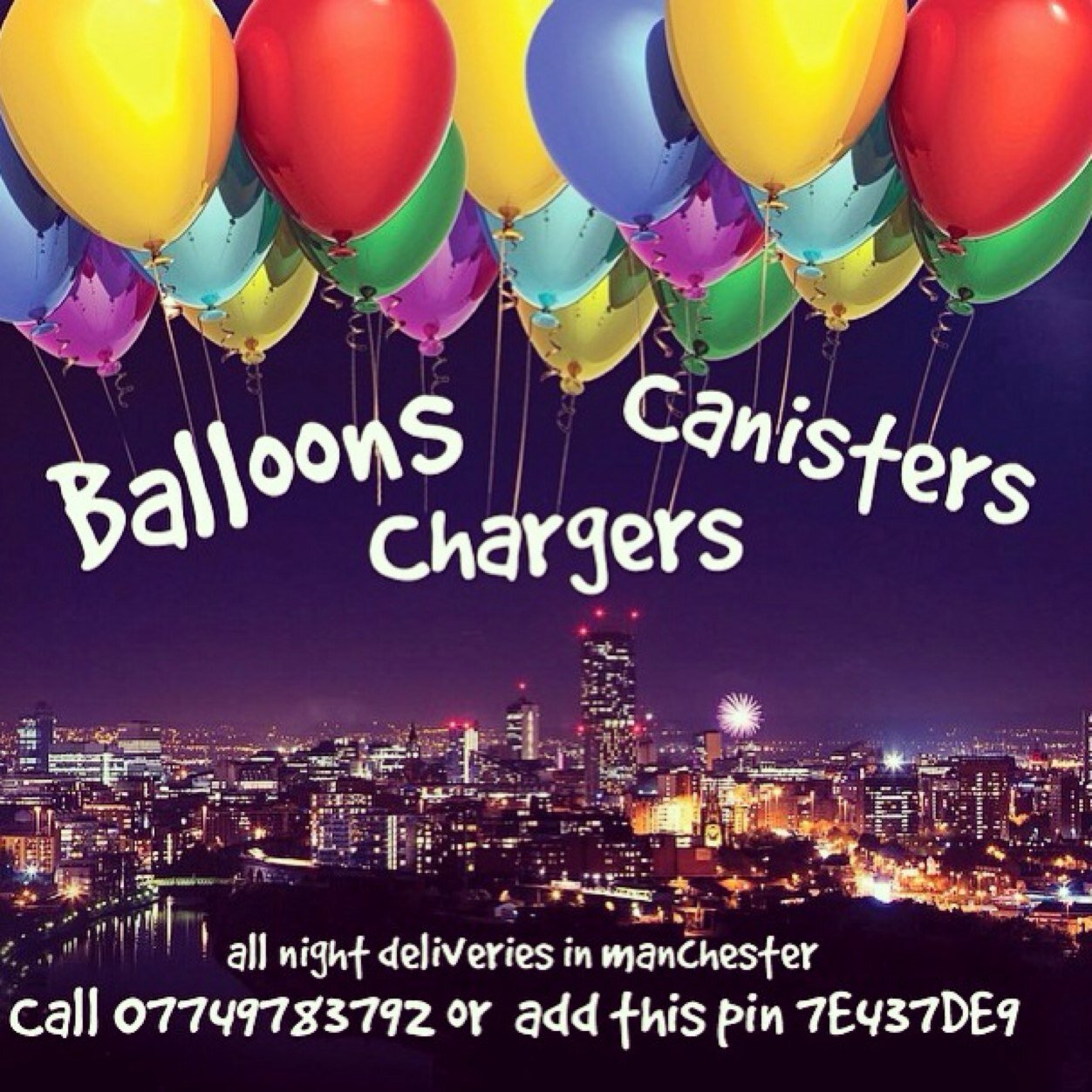 We deliver chargers crackers and balloons. Please call 07749783792 most places in manchester covered.
