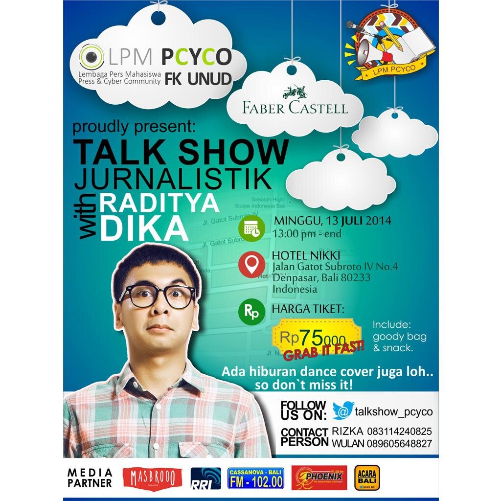 Talkshow Jurnalistik with Raditya Dika | Sunday, July 13th 2014 | CP: @wulan_ayunda
| Line ID : wulan_ayunda
| wulan ayunda : 089605648827
Ica : 083114240825