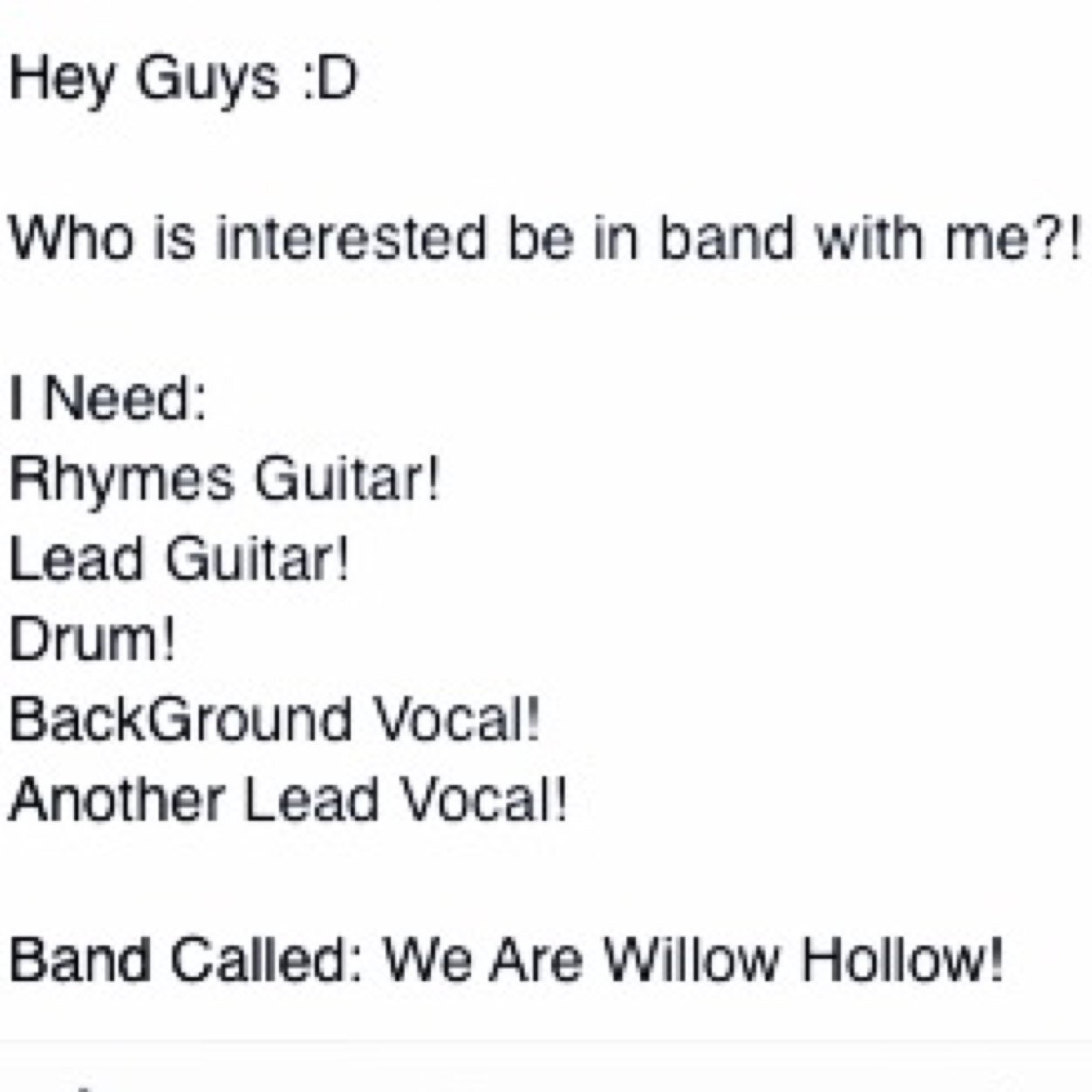 WAWHzXz_uk's profile picture. AboutUs: We Are Rock,Punk,Metal Band! Plz F/L us: If u did, we'll luv u by our heart F,I:WeAreWillowHollow. BandMembers:@TallulahWAWH&??(we need 4/3 more)
