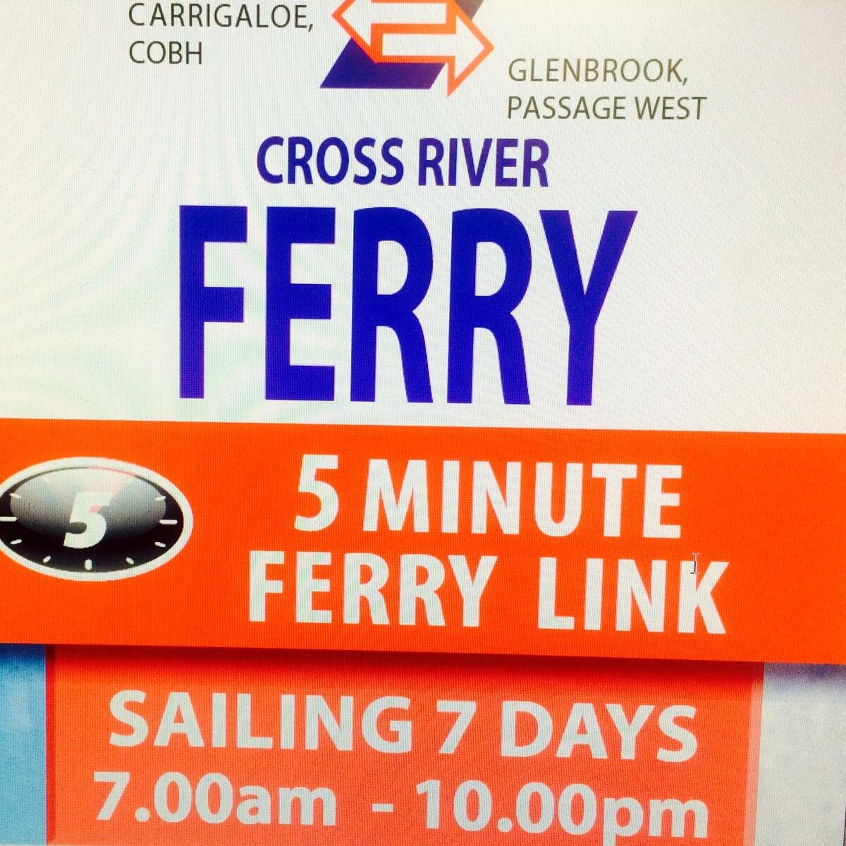 OPERATING TIMES:
DAILY: 06.30am to 21.30pm

Both Ferries can carry 28 cars and 200 passengers. The crossing from Carrigaloe, Cobh to Glenbrook, Passage West