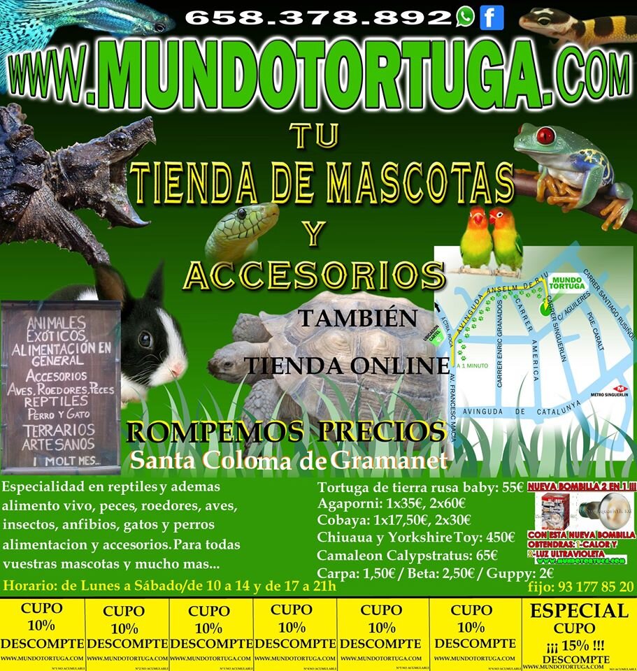Tienda online y física en Santa Coloma de Gramanet,Barcelona.Tortugas, reptiles,aves,peces,anfibios,mamíferos, roedores,insectos,invertebrados, accesorios...