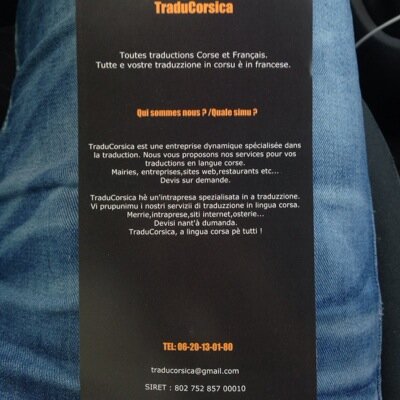 Service de traduction en langue corse. Tout type de document ( panneaux publicitaires, cartes restaurant , mairies etc...)
Traducorsica@gmail.com
