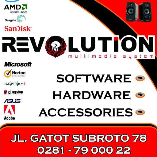 Revolution Purwokerto menyediakan berbagai macam Hardware, Software, Accesories Computer.
Jalan Gatot Subroto No 78 Purwokerto - Telp (0281) 639055