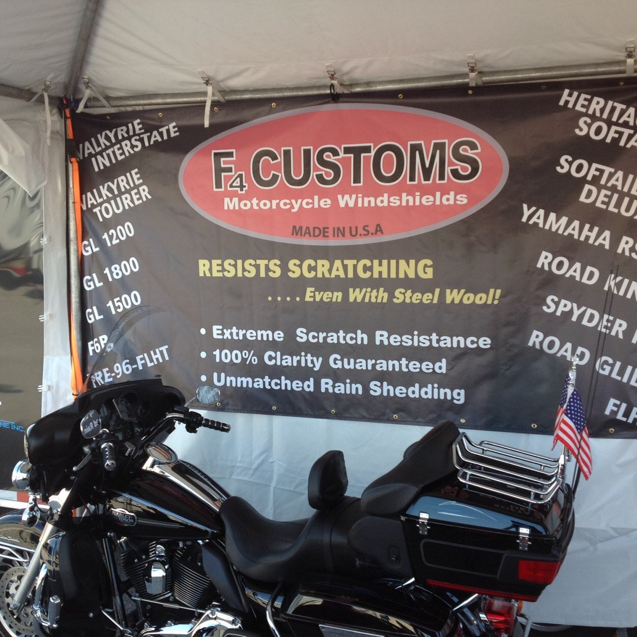 F4 Customs is the leader in Highly Scratch Resistant Motorcycle Windshields. Excellent clarity and rain shedding. 4 year warranty. Polycarbonate.