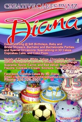 Hello my name is Diana owner/baker of Creative Cakes By Mz. Diana. I've been in business since April 2006. I have done over 500+ cakes.