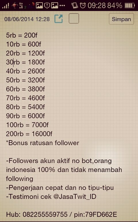 Jasa meningkatkan followers,bom rt dan fav | Following kami = yg pernah pakai jasa kami,testinya bisa cek fav #Trusted | CP: 08225554975 pin:79FD662E @CPSatrio_