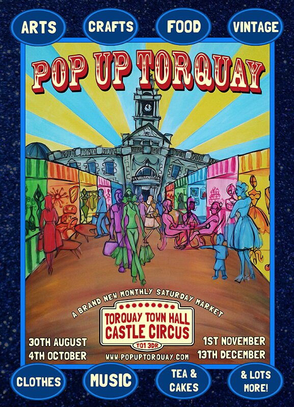 'Pop Up Torquay' is monthly at The Town Hall as a market featuring Arts, Crafts, Food, Vintage & Creatives. Saturday 30th Aug, 4th Oct, 1st Nov & 13th Dec