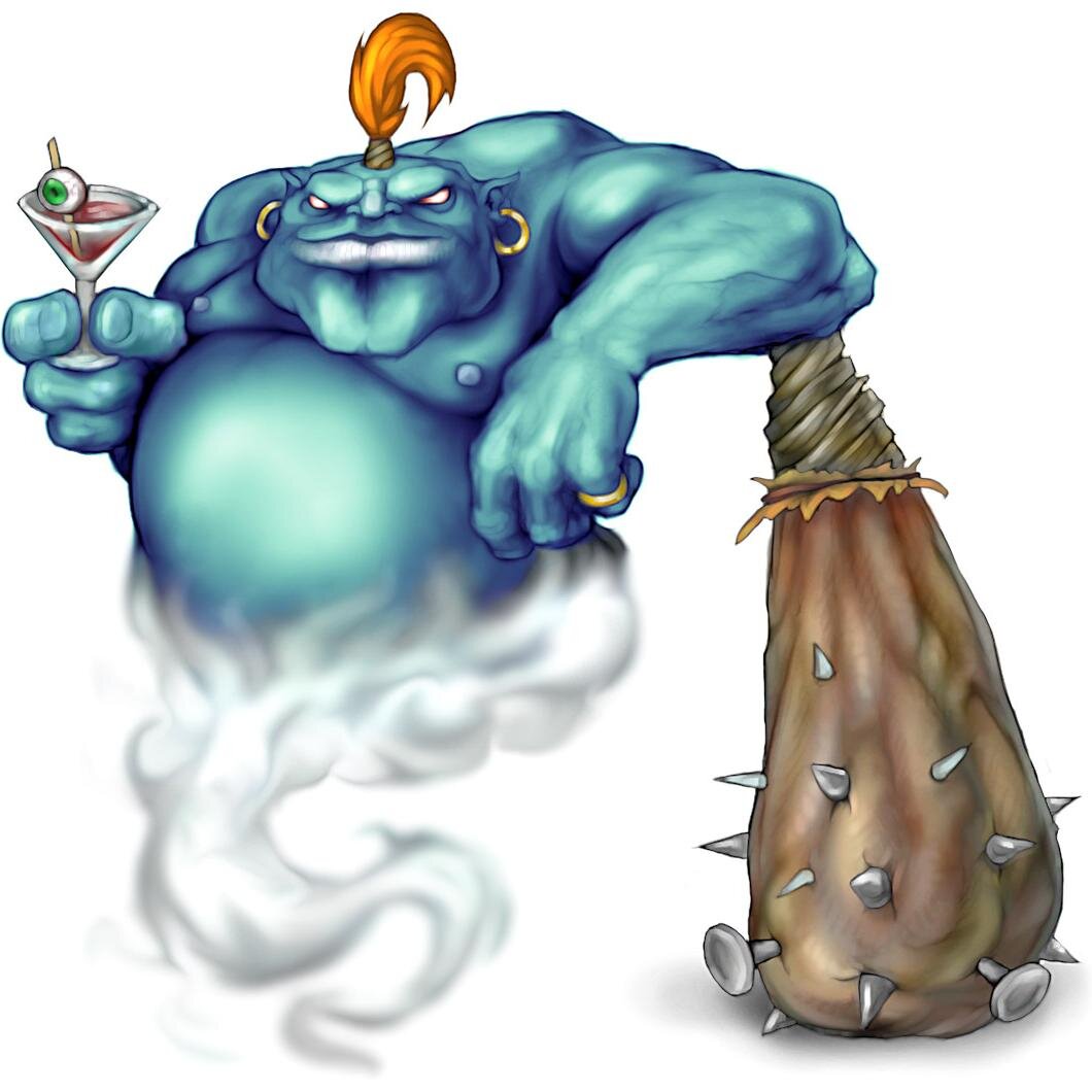A blue djinn with a blood gin bludging on a bludgeon