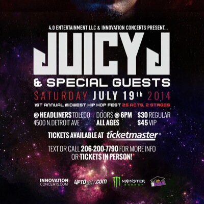 ONE OF THE MIDWEST'S BIGGEST HIP HOP FESTIVALS HEADLINED BY SOME OF THE NATION'S BIGGEST ACTS!! OUR 1ST ANNUAL FEST IS JULY 19TH IN TOLEDO FEATURING JUICY!