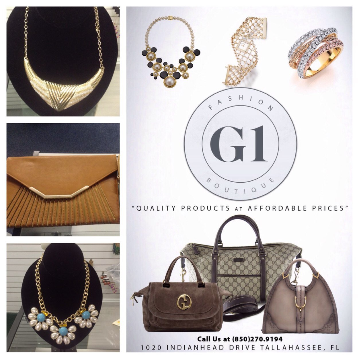 G1 Fashion and accessories We provide quality products at affordable prices! To order call 850-212-6184 or email us at @G1designergalleria@gmail.com