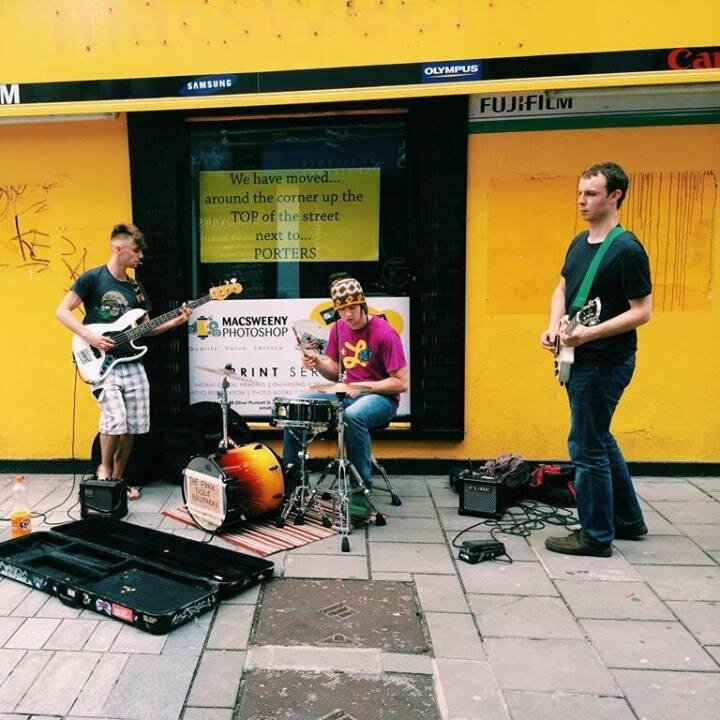 Funky funk, jazzy jazz and rocky rock. Coming to a street corner near you. Ian Murphy: Drums, @robwgoode: Bass, Ciaran Treacy: Electric guitar, Dylan Howf: Sax