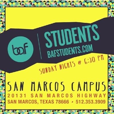 RESCUE | RAISE UP | RELEASE | BAF Students meet every Sunday at 6:30 PM located at 20131 San Marcos Hwy (80). Grades 6th-12th... Come and join us!