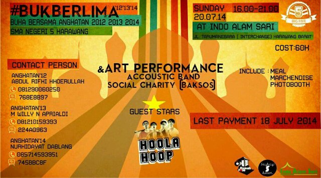 BukberLima's profile picture. BUKA BERSAMA ANGKATAN 2012, 2013,2014 SMAN 5 KARAWANG.  Dilaksanakan Tanggal 20 Juli 2014 at Indo Alam Sari . HTM : 60 rb. More info cek Timeline. #BUKBERLIMA