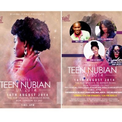 Miss Teen Nubian is a cultural beauty pageant finals 16th august at 90 monier road E3 2ND call 07792395290 for tickets
http://t.co/6UO0Y7U7GG