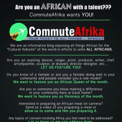 Commuteafrika's profile picture. http://t.co/2SZABEAzpg is an informative blog designed for the cultural vultures of the world. We are dedicated to exposing the beauty's of Africa to the world.