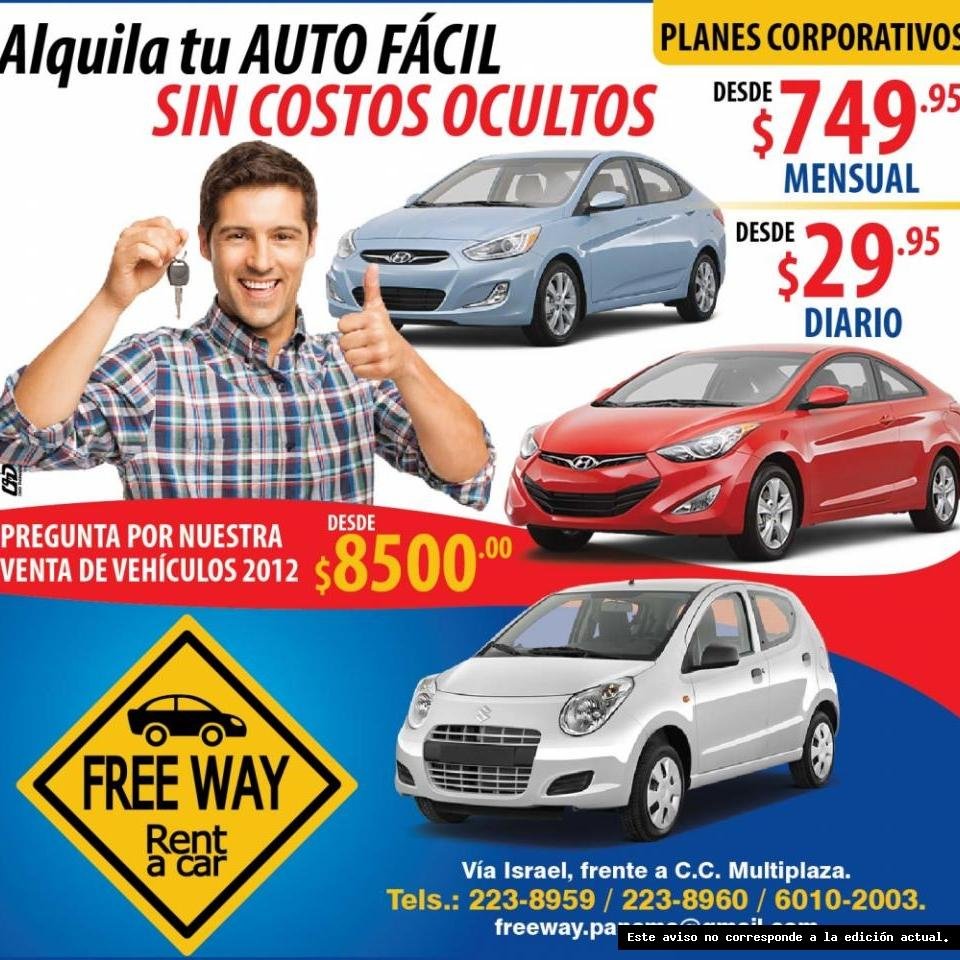 FreeWayPanama's profile picture. Alquiler de Vehículos, Estamos ubicados en Vía Israel, frente al C.C. Multiplaza, Telf: 223-8960 / 223-8959. Promociones en alquileres DIARIOS y CORPORATIVOS.