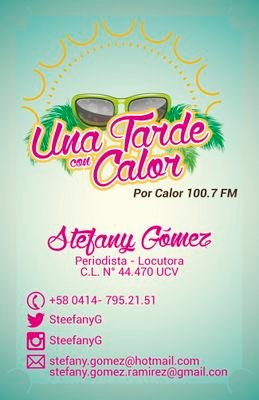 tardeconcalor's profile picture. Programa de radio con buena música y entretenimiento. Estamos al aire a través de Calor 100.7 FM Se Siente, a partir de las 2:00 pm. Locución de @SteefanyG