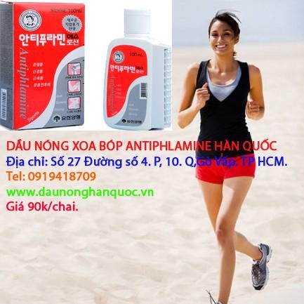 DẦU NÓNG XOA BÓP ANTIPHLAMINE HÀN QUỐC - Giá 90k/chai  
Add: Số 27 Đường số 4. P, 10. Q,Gò Vấp. TP HCM. 
Tel: 0919418709 - 0909186733.