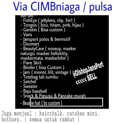Jual berbagai macam stuff - Serius buyer via DM/LINE. line : alisyafitri l Free Ongkir jabodetabek. Payment via CIMB Niaga or Via pulsa