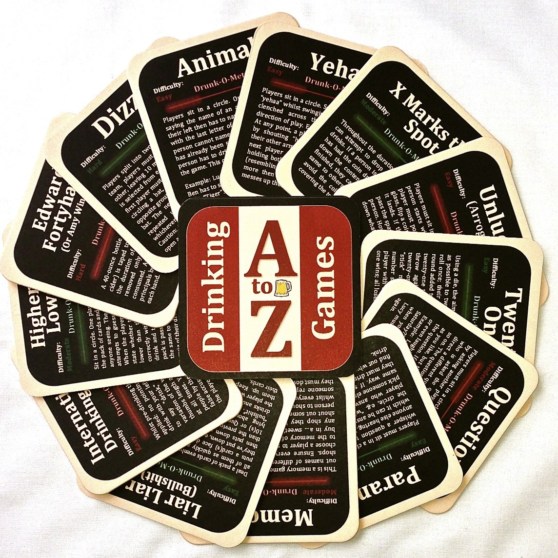 14 beer mats, with A-Z drinking games printed on both sides.
Direct message, or contact us on Facebook; 'Swig and Sway' and buy your pack - only £4.99!