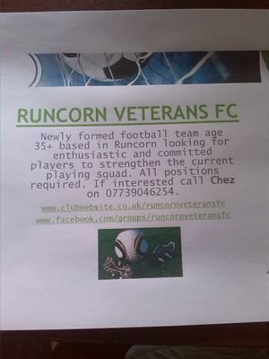 Newly formed Veterans (35+ years) football team based in Runcorn. looking for new players to join our squad