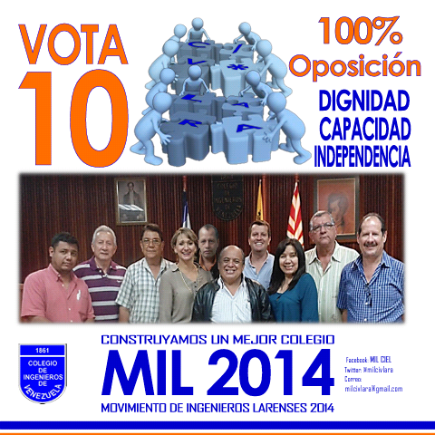 Movimiento de Ingenieros Larenses 2.014. DIGNIDAD,CAPACIDAD, INDEPENDENCIA.                     100,00% oposición.